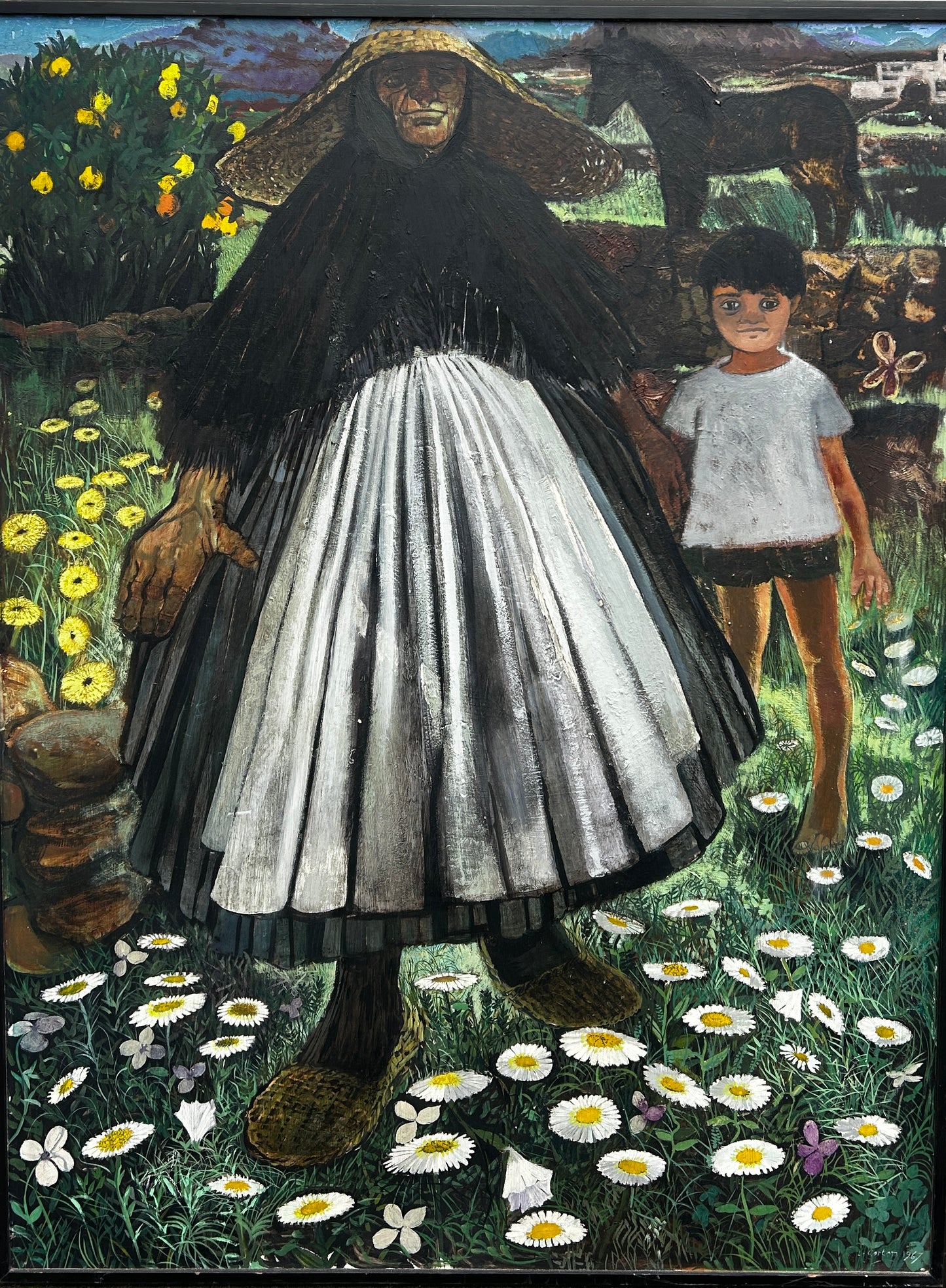 Mid Century Folk Inspired Oil on Board by Leslie Ann Gorton b.1939