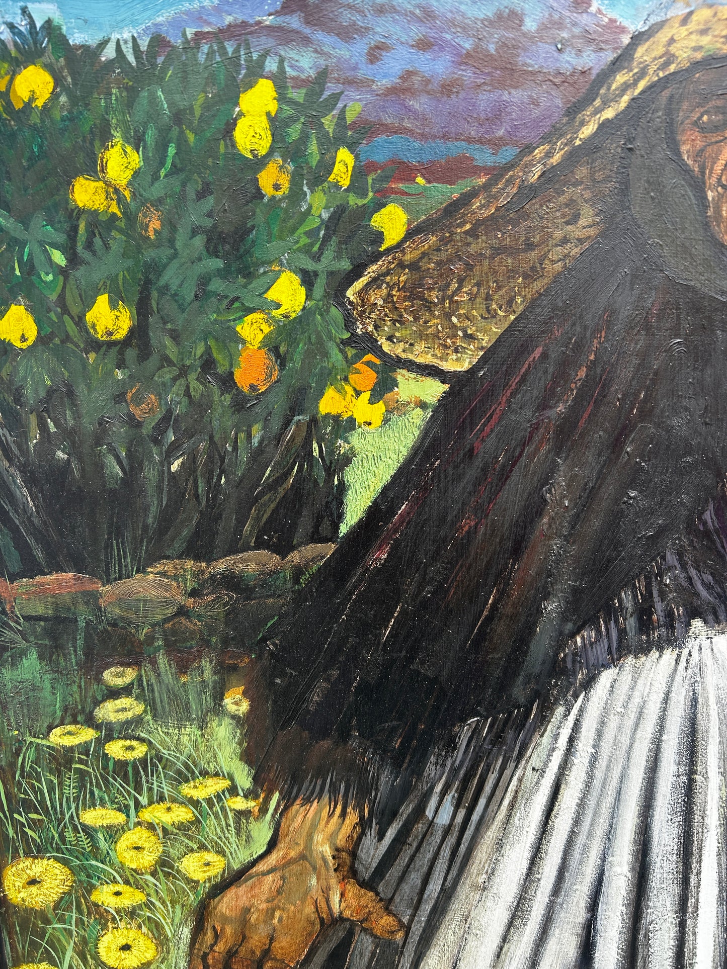 Mid Century Folk Inspired Oil on Board by Leslie Ann Gorton b.1939