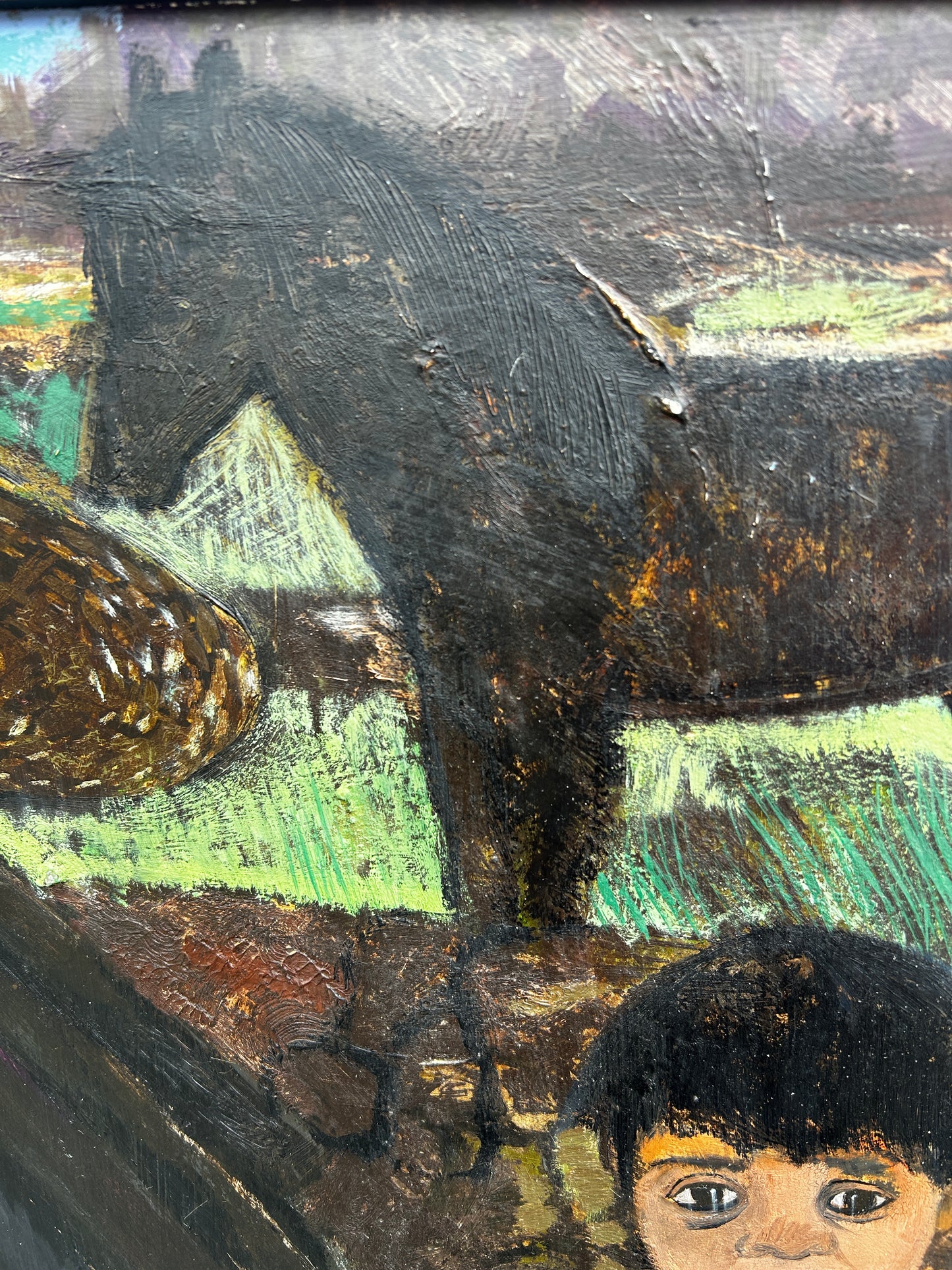 Mid Century Folk Inspired Oil on Board by Leslie Ann Gorton b.1939