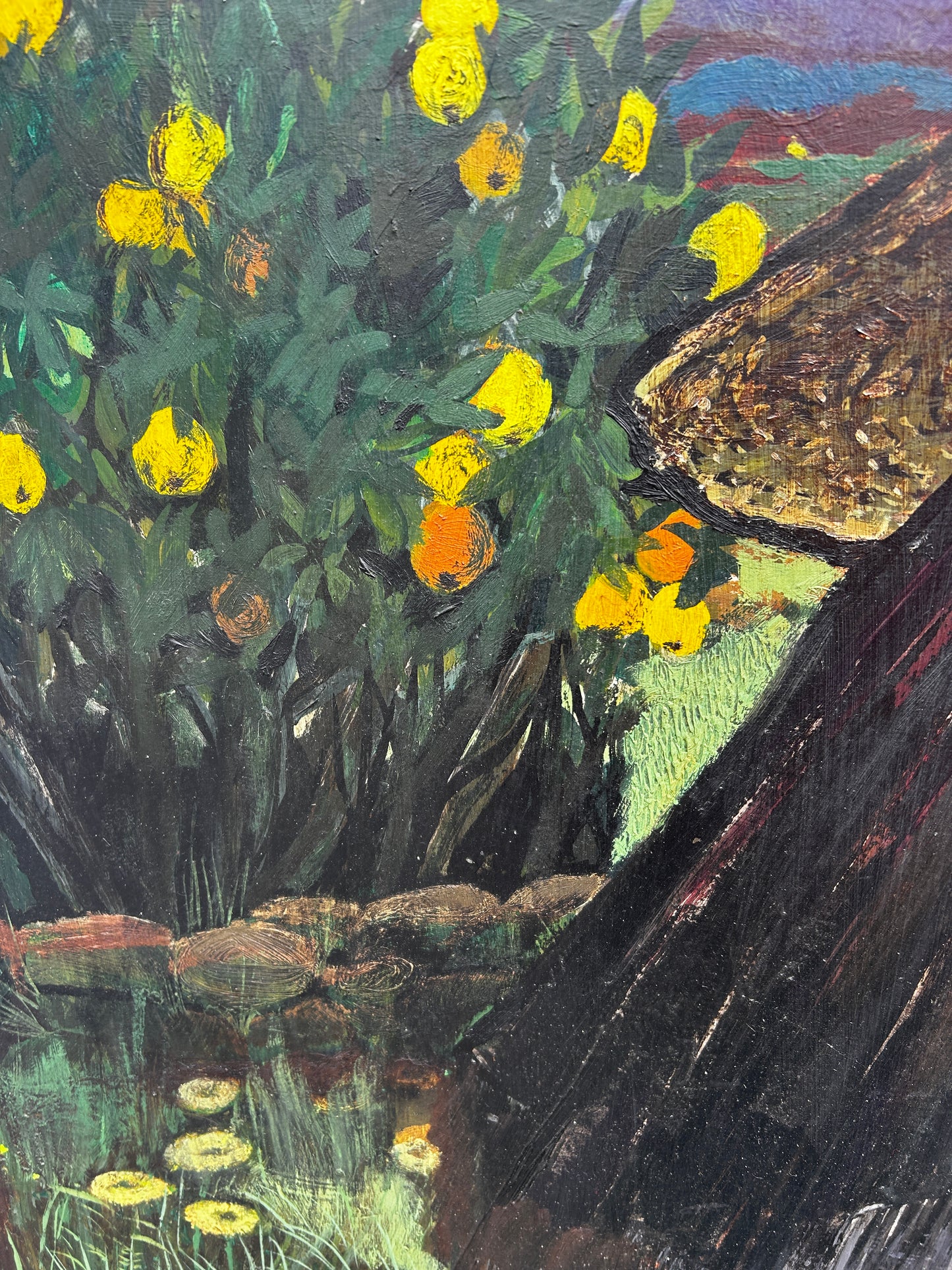 Mid Century Folk Inspired Oil on Board by Leslie Ann Gorton b.1939