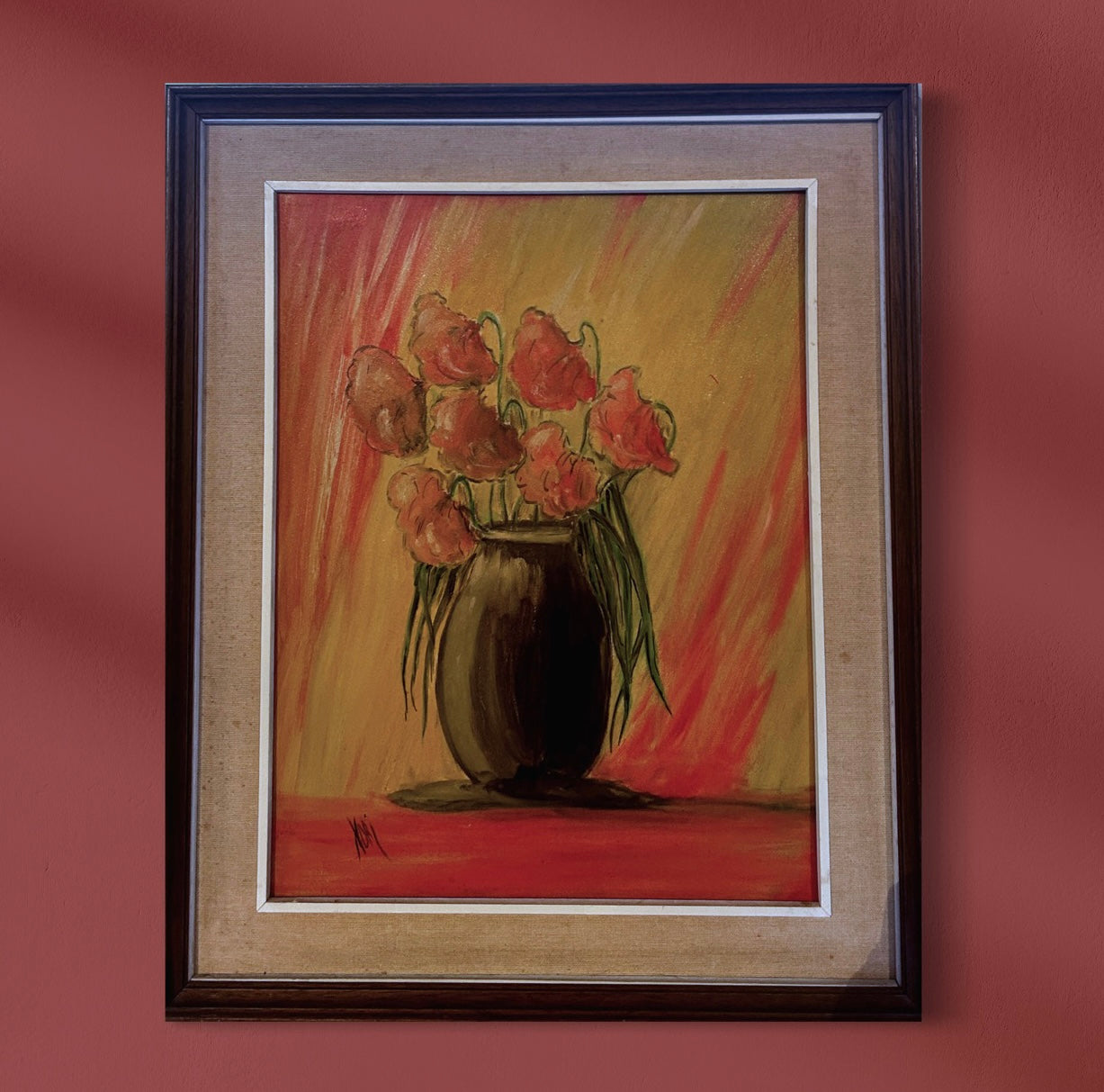 A Cheerful Mid Century Modern Still Life of Red Poppies