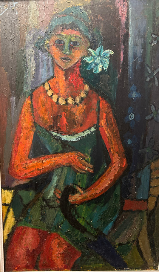 "The Circus Girl" Mid Century Oil on Board Seated Female Portrait