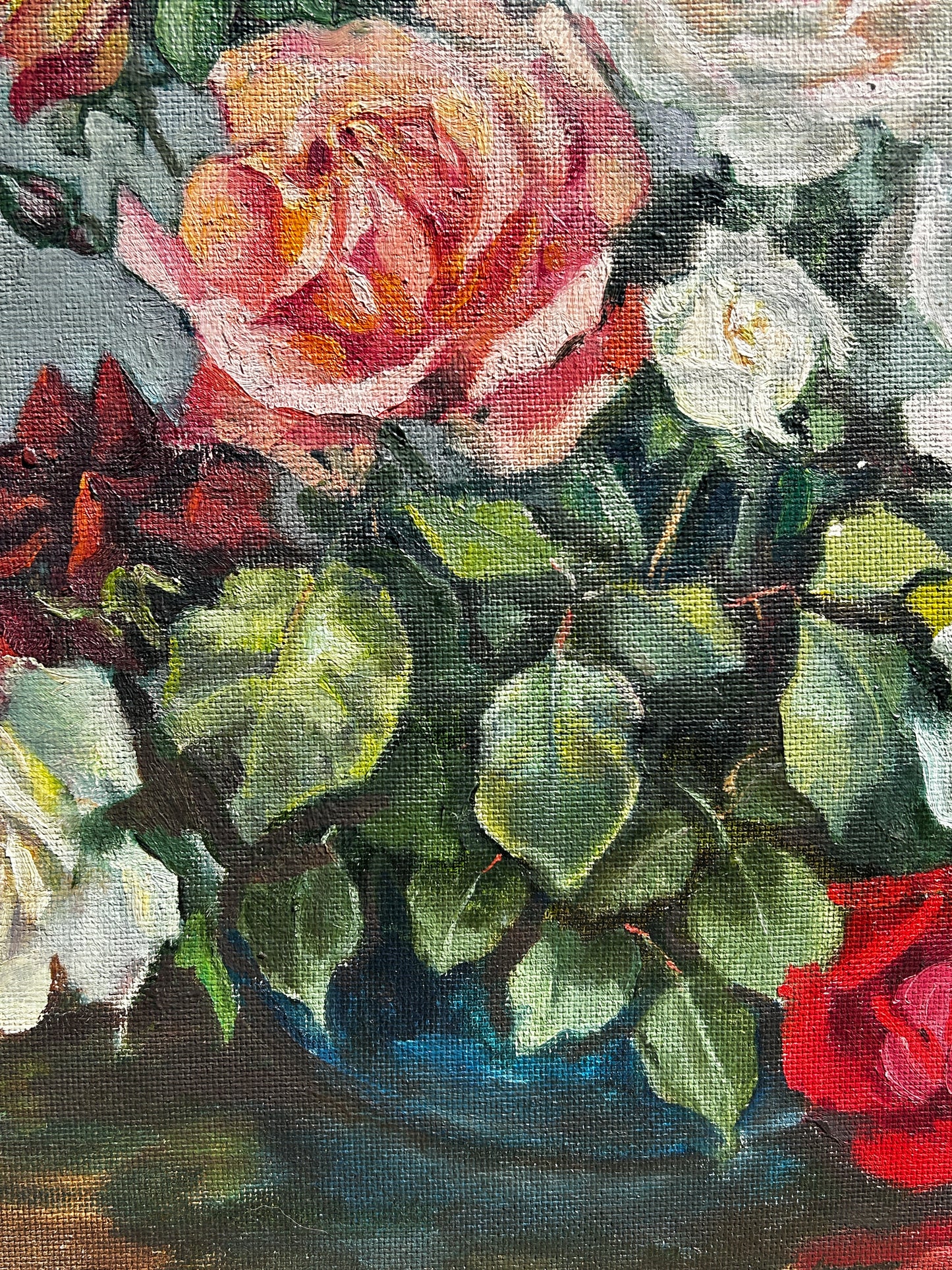 1960's Still Life Floral of Colourful Roses in Original Gilt Frame