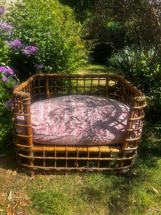 Vintage Rattan Large Pet Bed With  Sri Lanken Cotton Fabric Cover.