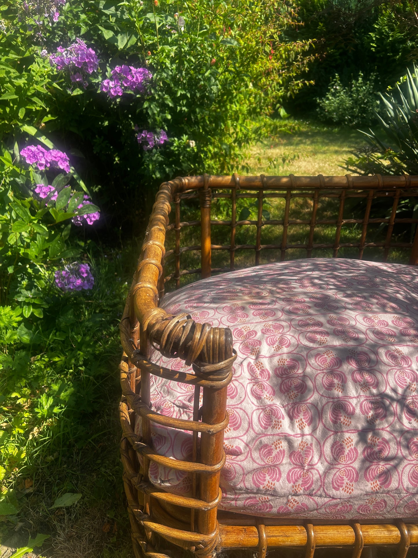Vintage Rattan Large Pet Bed With  Sri Lanken Cotton Fabric Cover.