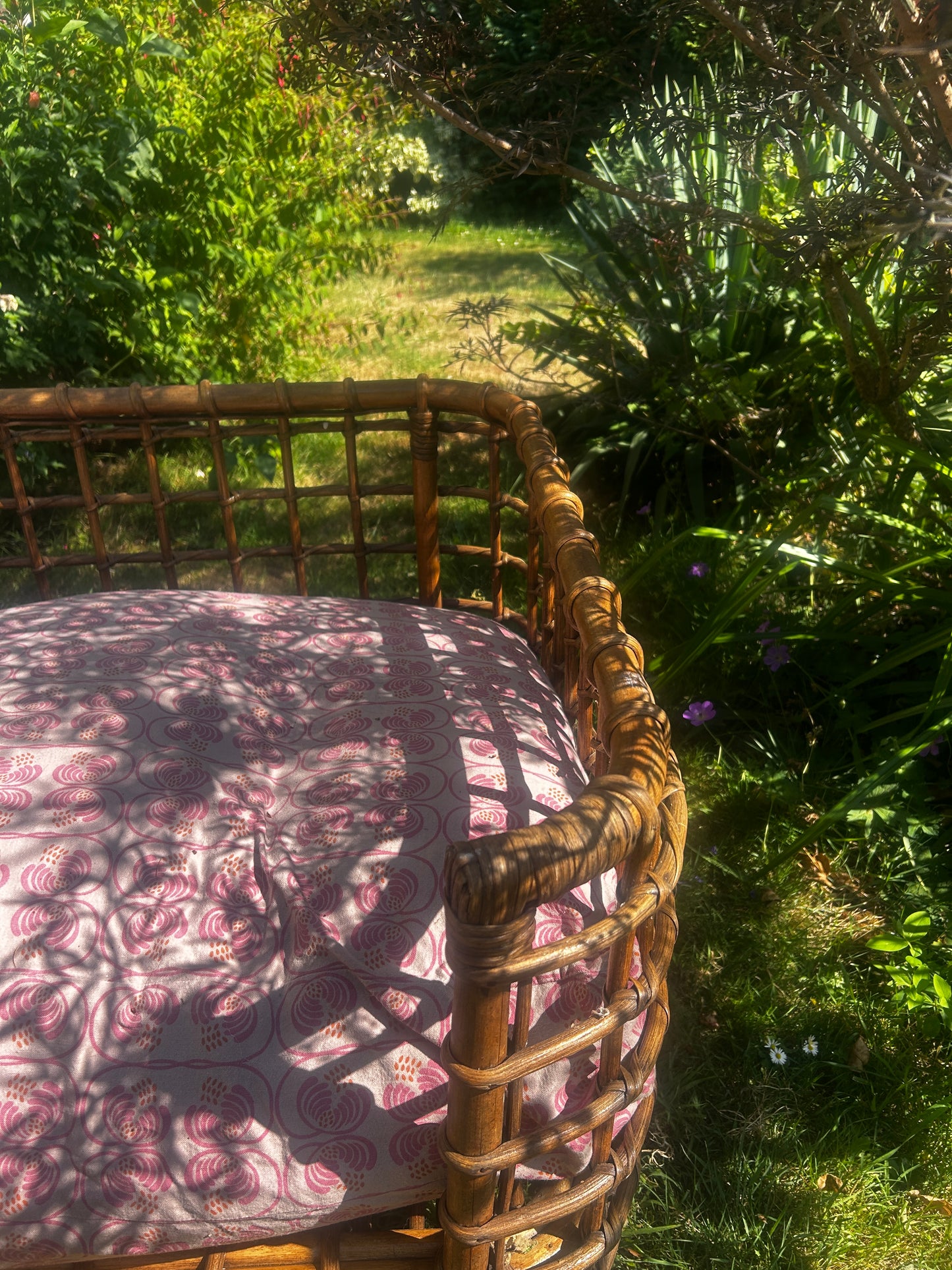 Vintage Rattan Large Pet Bed With  Sri Lanken Cotton Fabric Cover.