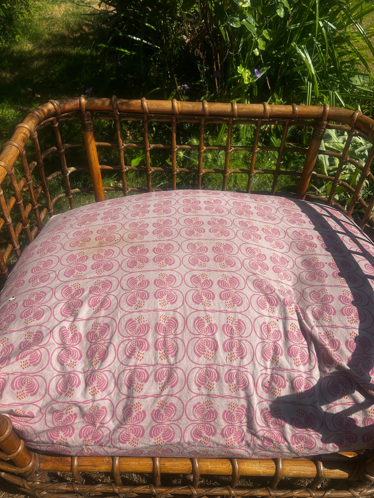 Vintage Rattan Large Pet Bed With  Sri Lanken Cotton Fabric Cover.