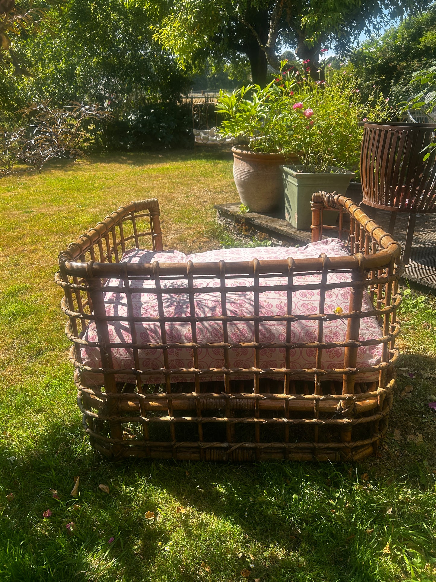 Vintage Rattan Large Pet Bed With  Sri Lanken Cotton Fabric Cover.