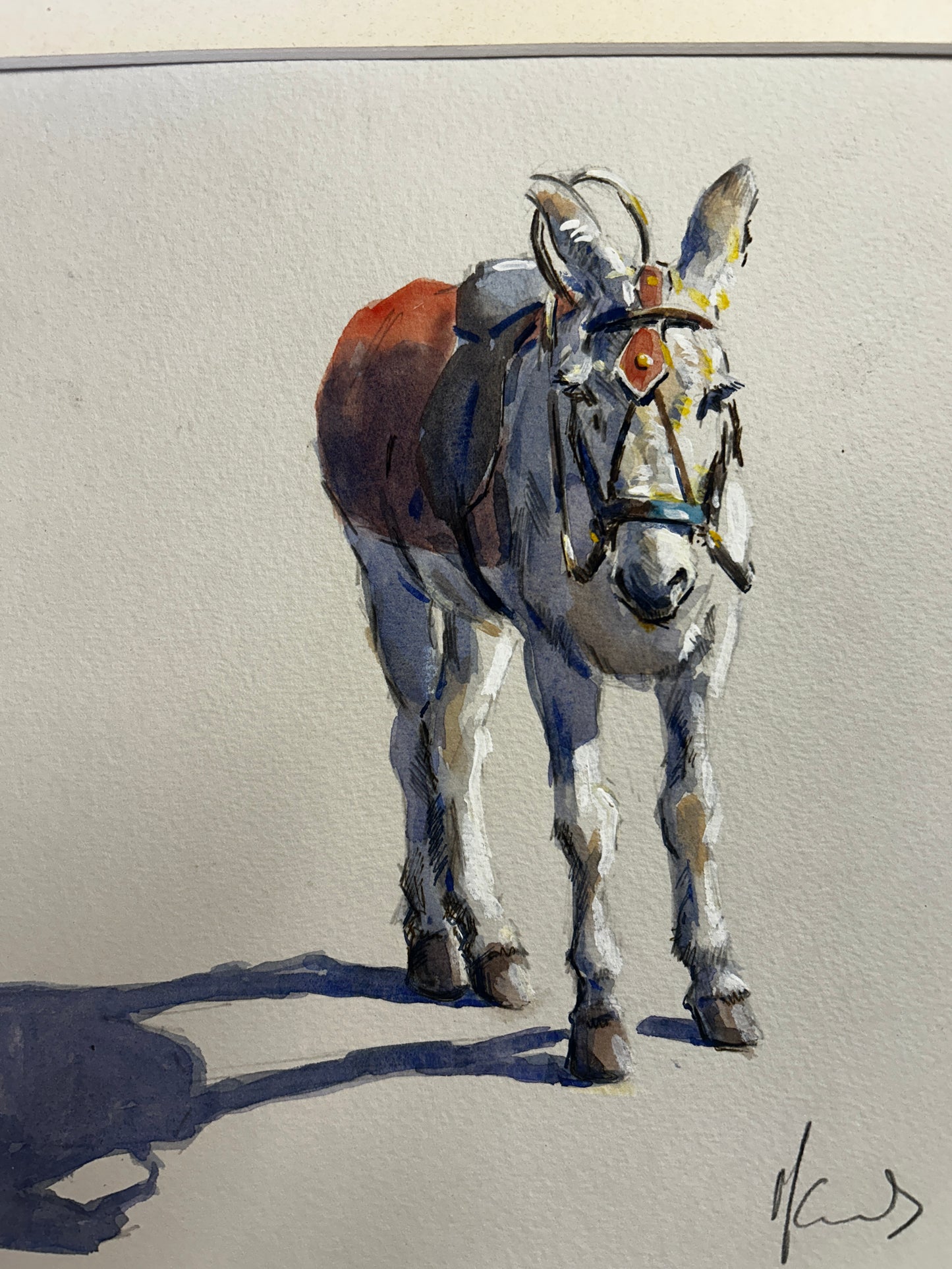 White Pony in Red Blanket Orginal Watercolour by Malcom Howard