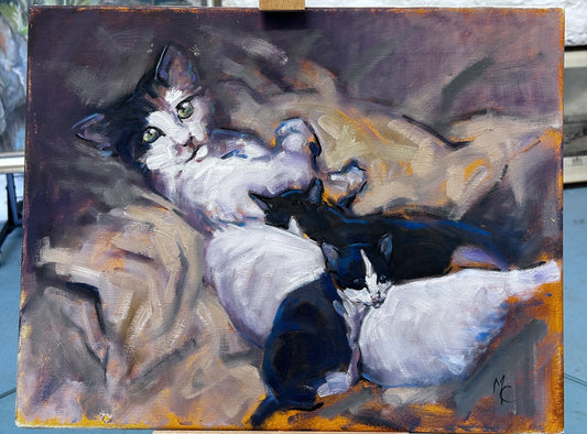 Original Oil Painting by Malcolm Coward Cat and Kittens