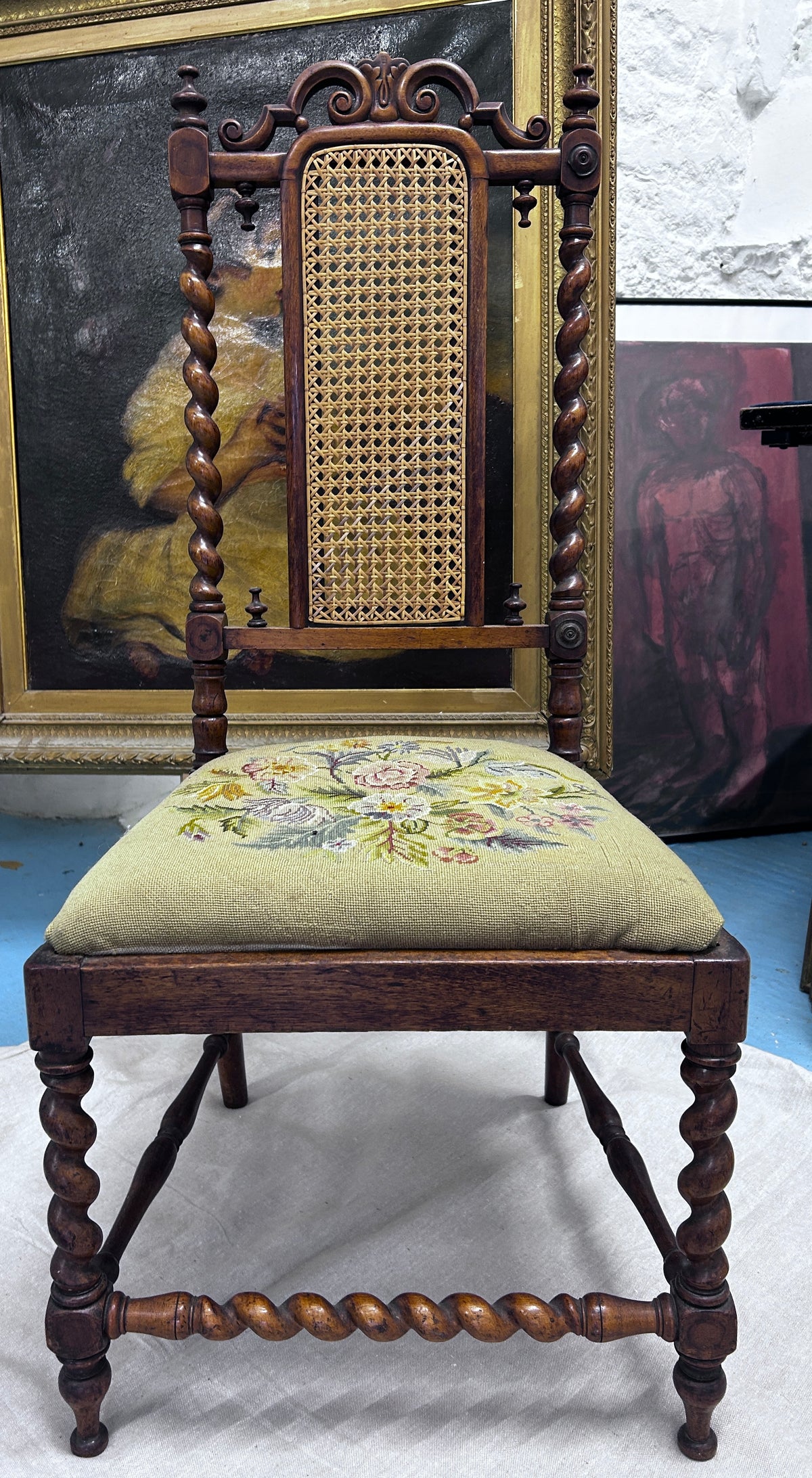 Victorian Barley Twist and Bobbin Legged Chair with a  Caned Back and Tapestry Seat.