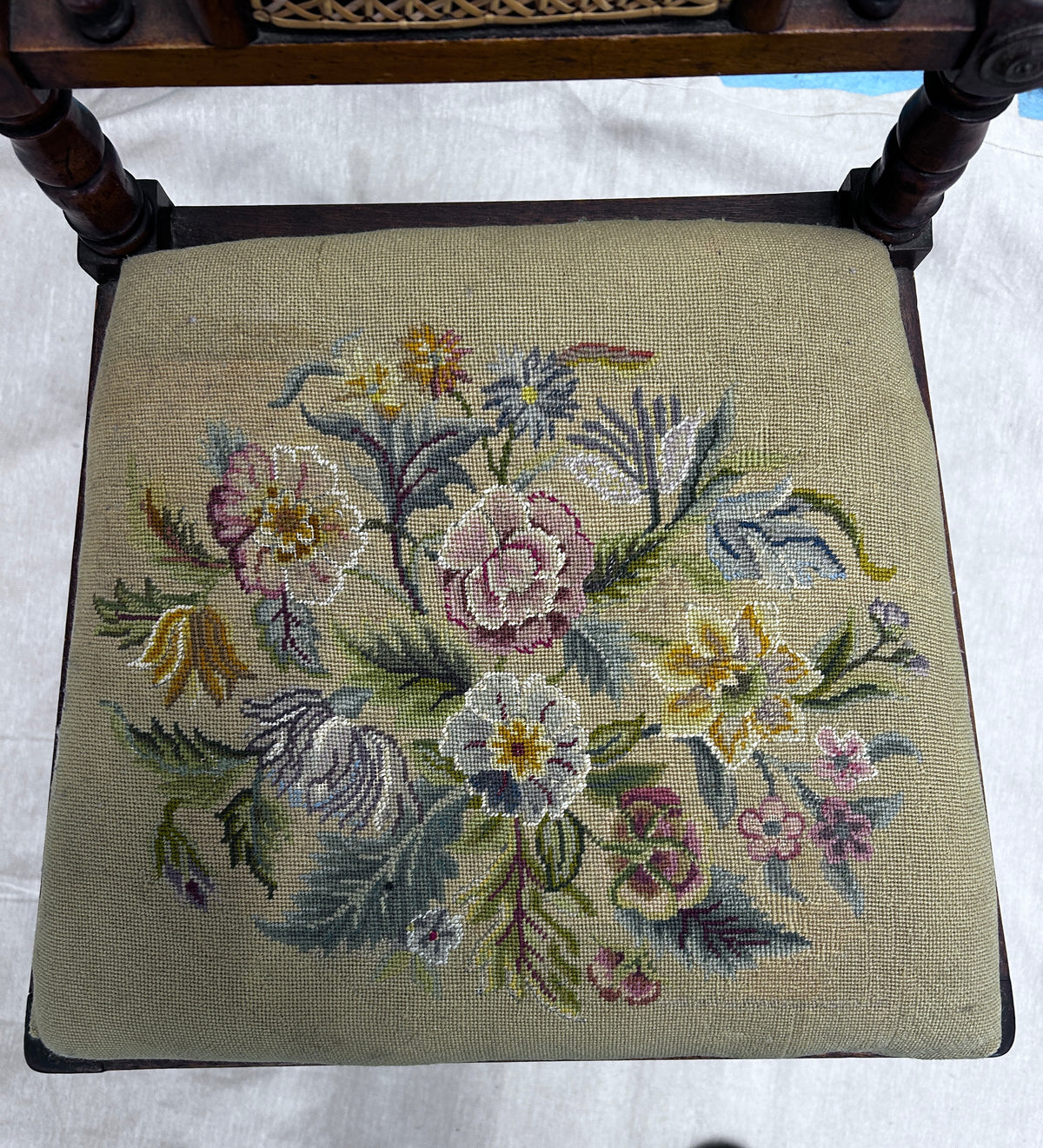 Victorian Barley Twist and Bobbin Legged Chair with a  Caned Back and Tapestry Seat.