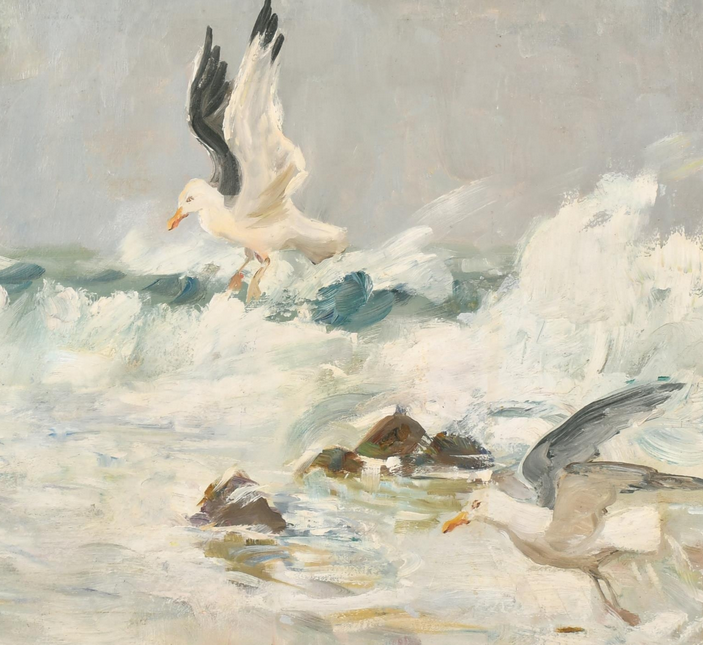 CHARLE W SIMPSON 1885 - 1971 OIL ON CANVAS "GULLS AND SURF"