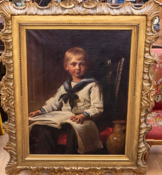 LATE 19TH CENTURY OIL ON CANVAS  "SAILOR BOY READING" CARVED FRAME