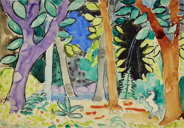 MAX BURCHARTZ  1887 - 1961 (GERMAN) 1948 WATERCOLOUR FOREST WITH HORSE