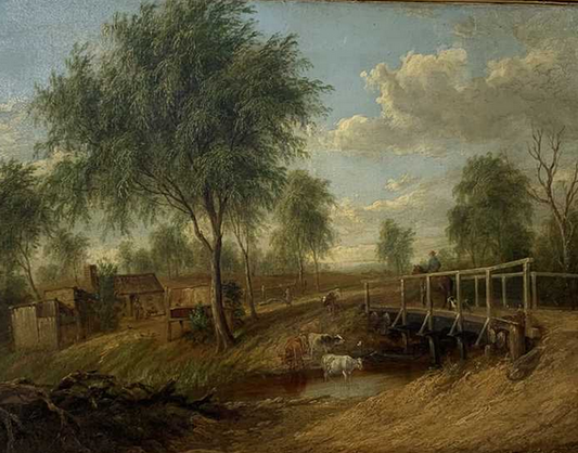 EARLY 19TH CENTURY OIL ON CANVAS  "CATTLE IN RIVER"