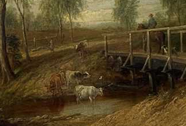 EARLY 19TH CENTURY OIL ON CANVAS  "CATTLE IN RIVER"