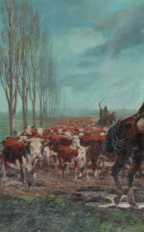 JOSE LUIS SALINAS "COWBOYS HERDING CATTLE IN THE RAIN" MIXED MEDIA 1969