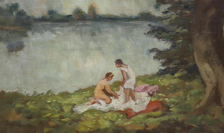 GEZA ZAHONYI HUNGARIAN (B1889) OIL ON CANVAS BATHERS BY A LAKE