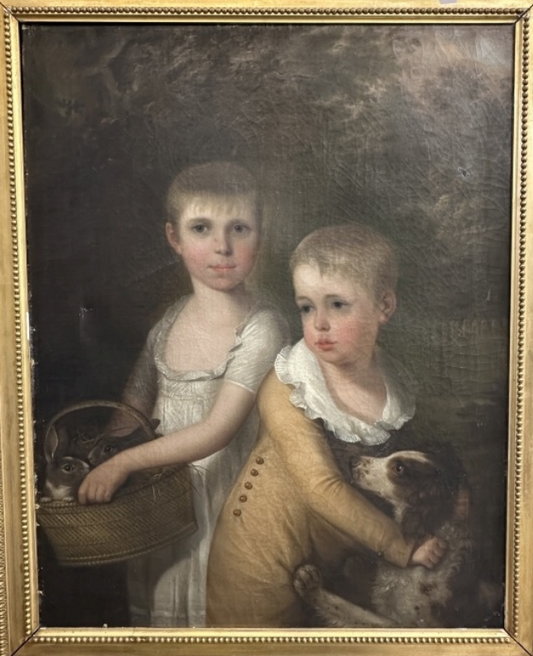 LATE 18TH/EARLY 19TH CENTURY OIL ON CANVAS "CHILDREN WITH DOG AND RABBITS"