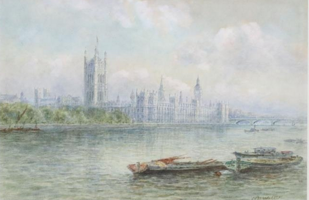 WALTER DUNCAN 1851 - 1932 WATERCOLOUR "PALACE OF WESTMINSTER FROM THE THAMES"