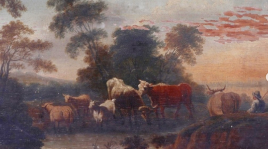 18th C Oil on Panel of Herdsmen with Cattle and Sheep at a Water Hole