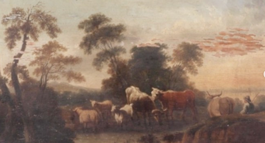 18th C Oil on Panel of Herdsmen with Cattle and Sheep at a Water Hole