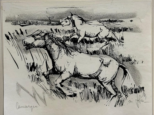 “Wild Horses” Mid Century Pen and Ink Signed