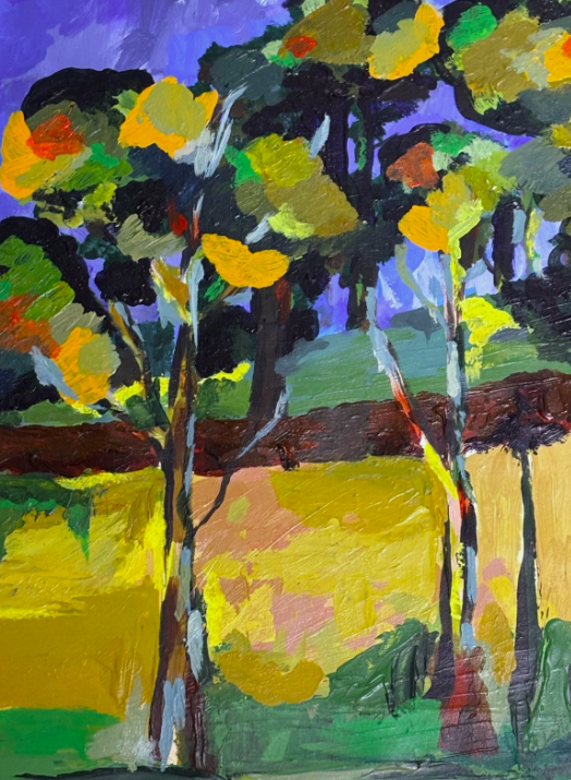 Sheena Christie (1945-2022) Colourful Tree and Lake Acrylic Painting Signed