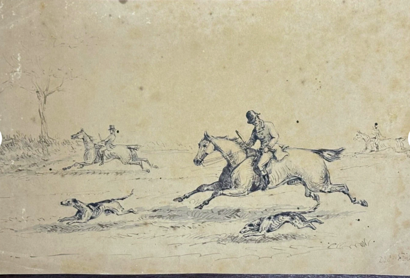 Original Drawing 1920 Hunting Scene Ink on Paper