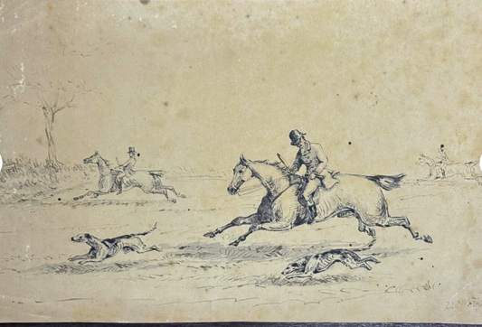 Original Drawing 1920 Hunting Scene Ink on Paper