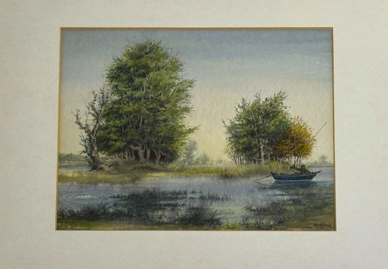 Original Watercolour Trees River and Boat Signed