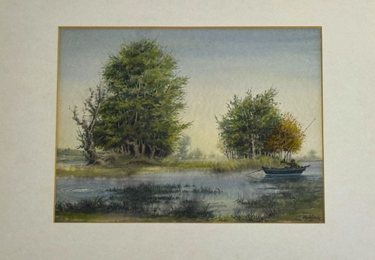 Original Watercolour Trees River and Boat Signed
