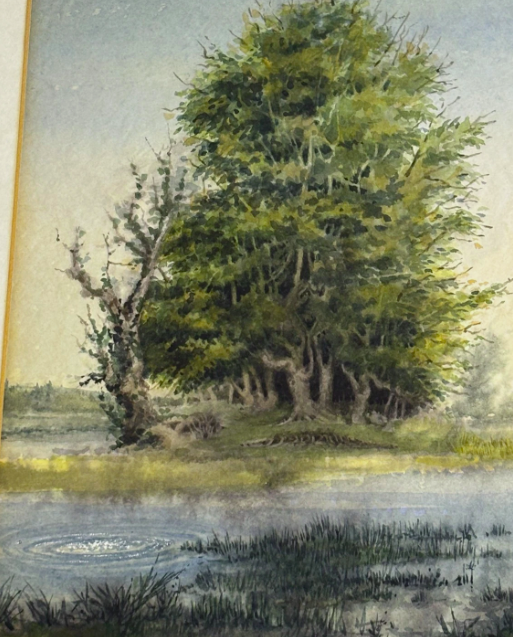 Original Watercolour Trees River and Boat Signed