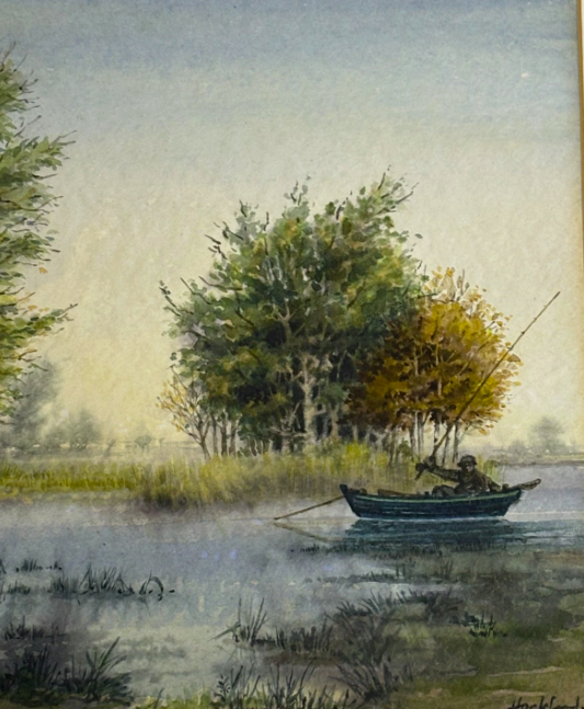 Original Watercolour Trees River and Boat Signed