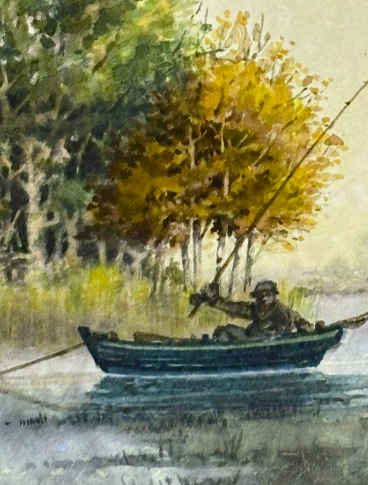 Original Watercolour Trees River and Boat Signed