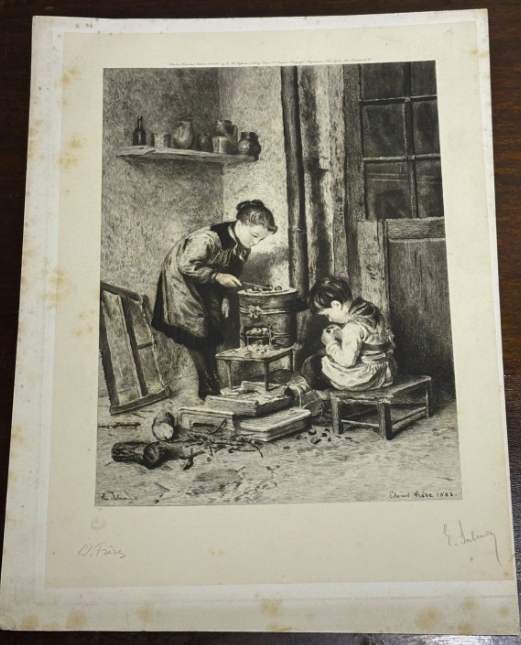 Edouard Frere (1819-1886)  Mother and Son Roasting Chestnuts Etching Signed