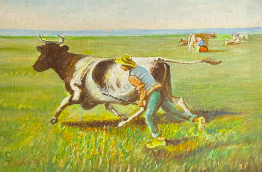 Original Oil Painting Cow Wrangling on Linen Canvas Signed