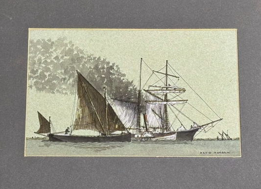 David Morgan Original Watercolour Ink Steamboat and Sailboat Signed