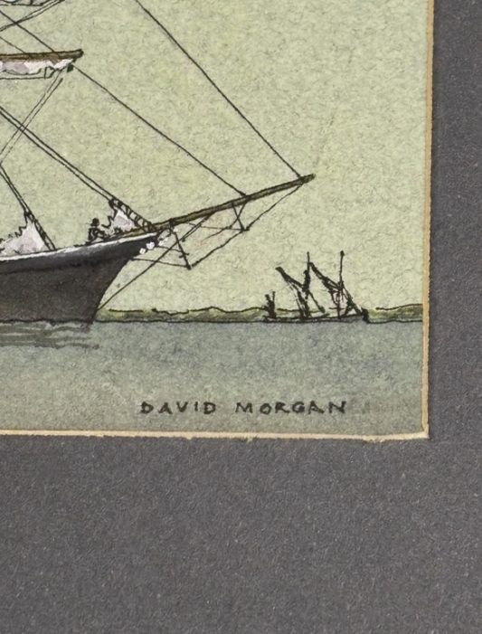 David Morgan Original Watercolour Ink Steamboat and Sailboat Signed