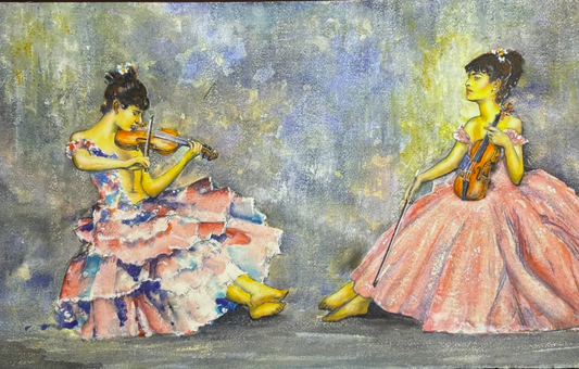 Original Watercolour Two Violinists Pink Dresses