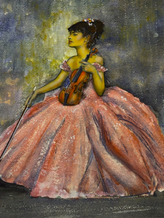 Original Watercolour Two Violinists Pink Dresses