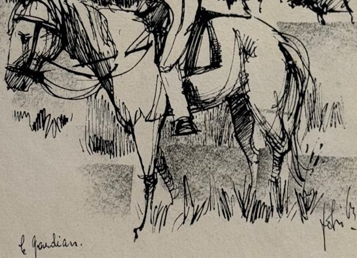 Le Guardian Mid Century Pen and Ink Drawing  Horse and Rider