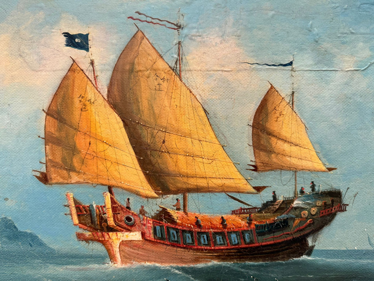 Pair of 19th Century Export School  Oil Paintings of Junks at Sea