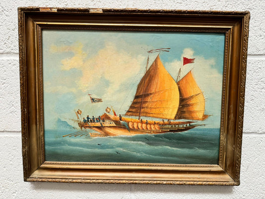 Pair of 19th Century Export School  Oil Paintings of Junks at Sea