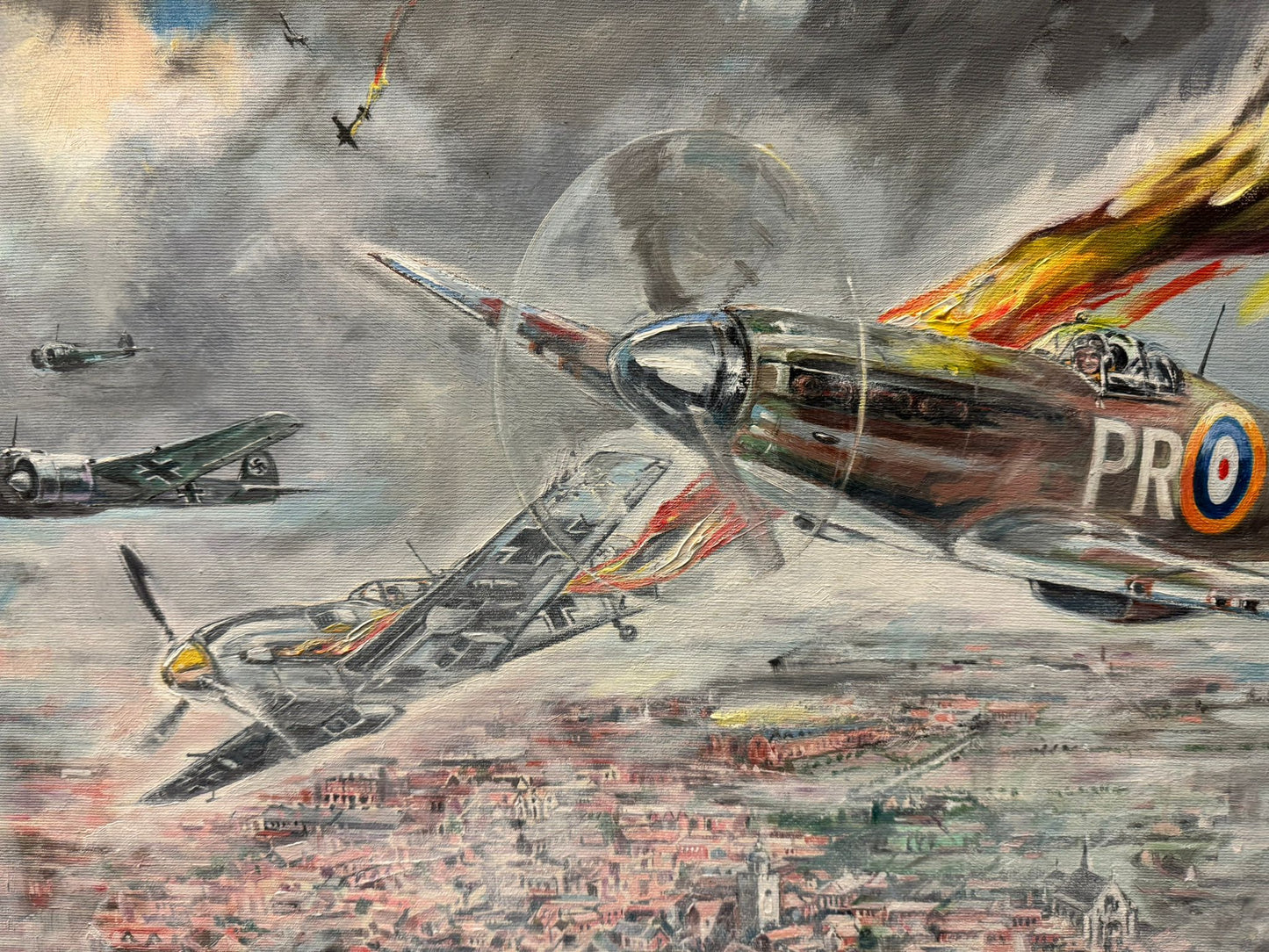 RALPH GILLIES COLE 1915-1994 ORIGINAL OIL PAINTING WW2 PLANES BATTLE SPITFIRE