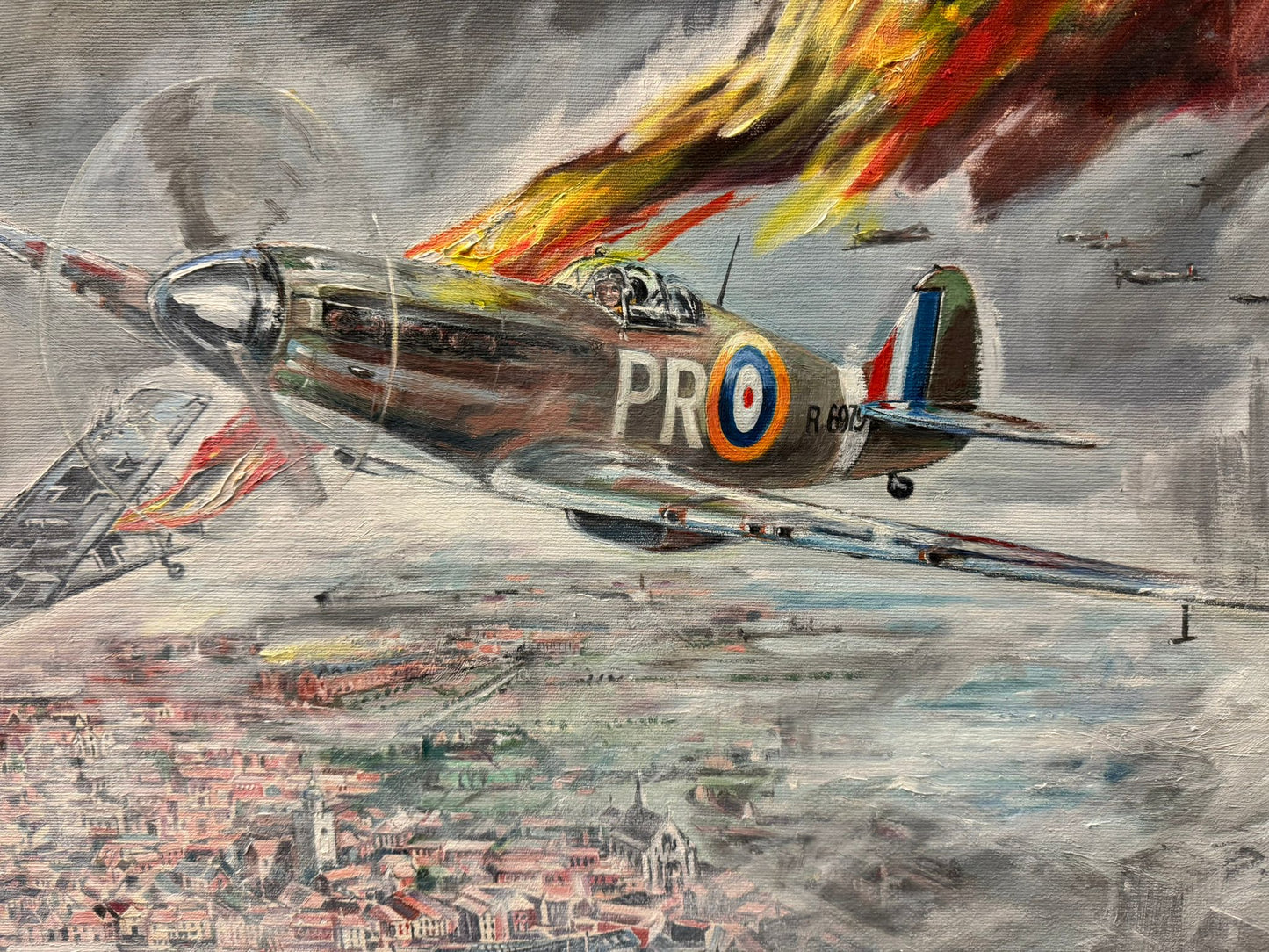 RALPH GILLIES COLE 1915-1994 ORIGINAL OIL PAINTING WW2 PLANES BATTLE SPITFIRE