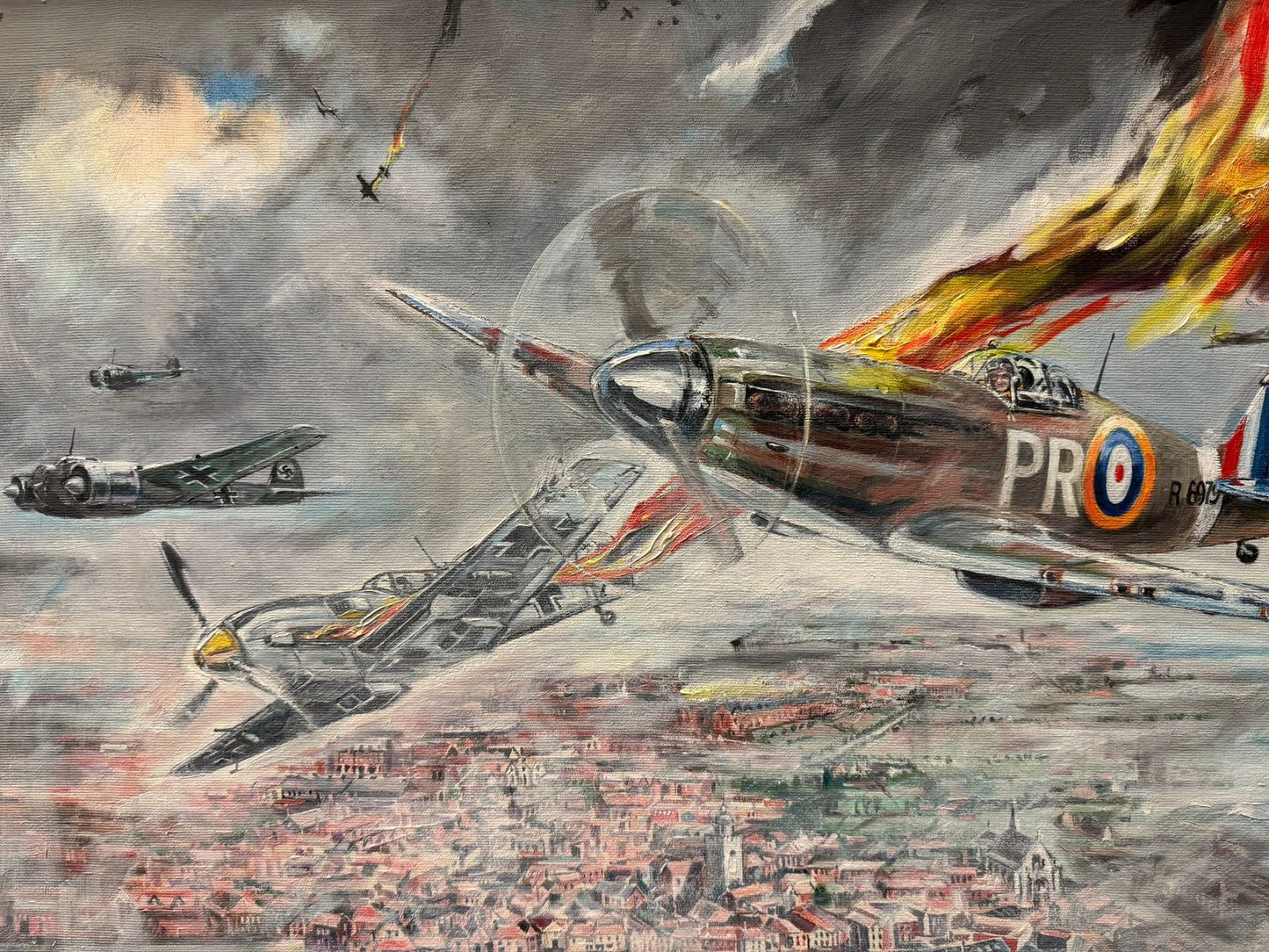 RALPH GILLIES COLE 1915-1994 ORIGINAL OIL PAINTING WW2 PLANES BATTLE SPITFIRE