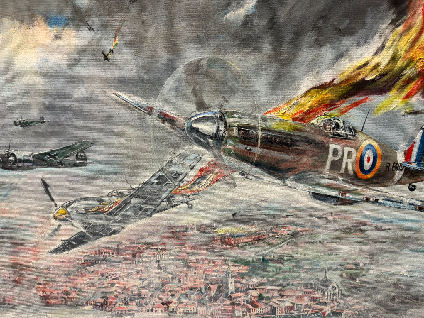 RALPH GILLIES COLE 1915-1994 ORIGINAL OIL PAINTING WW2 PLANES BATTLE SPITFIRE