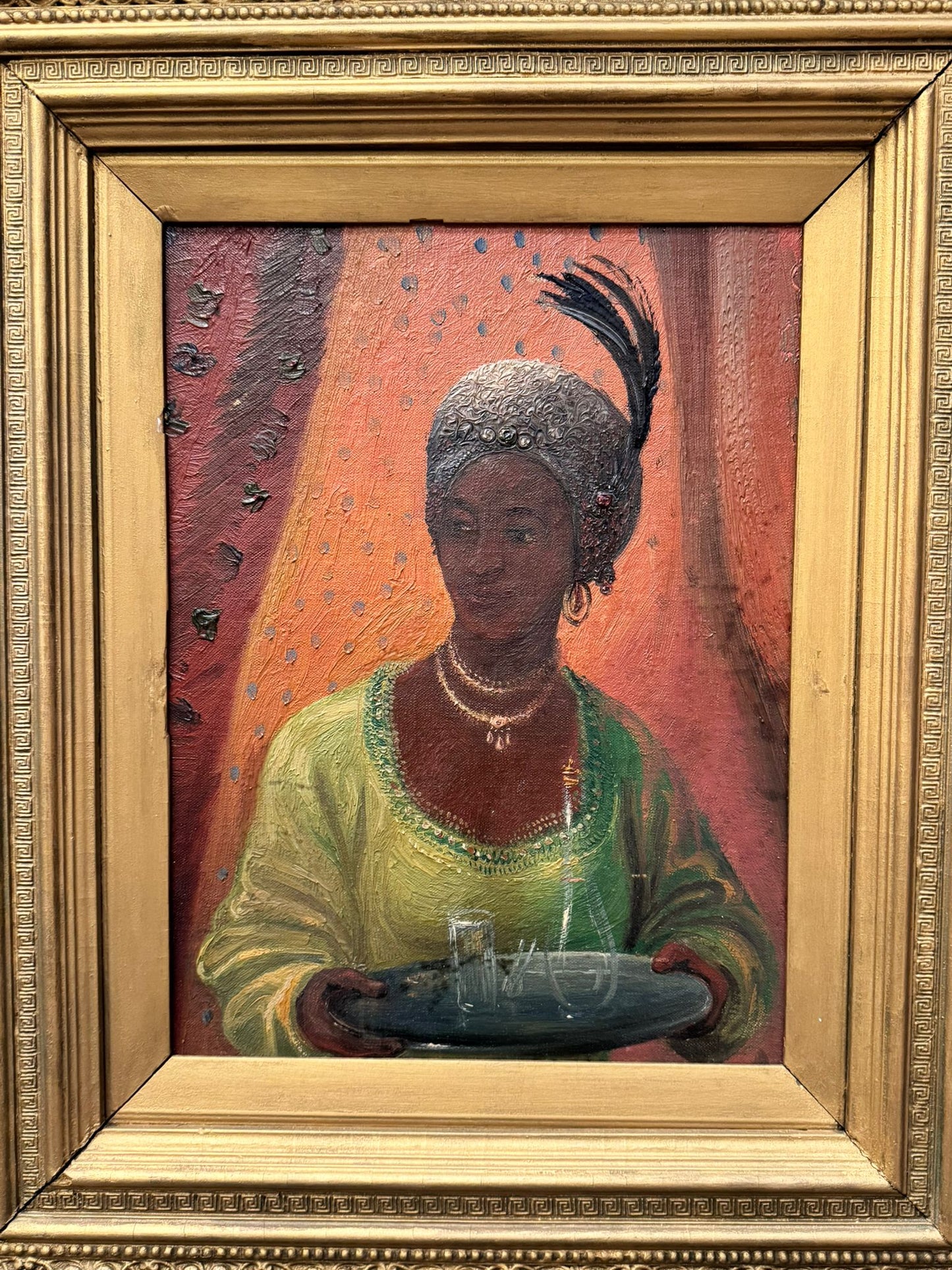 1920'S SUPERB OIL PAINTING ON CANVAS PORTRAIT AFRICAN WOMAN HIGH SOCIETY FRAMED